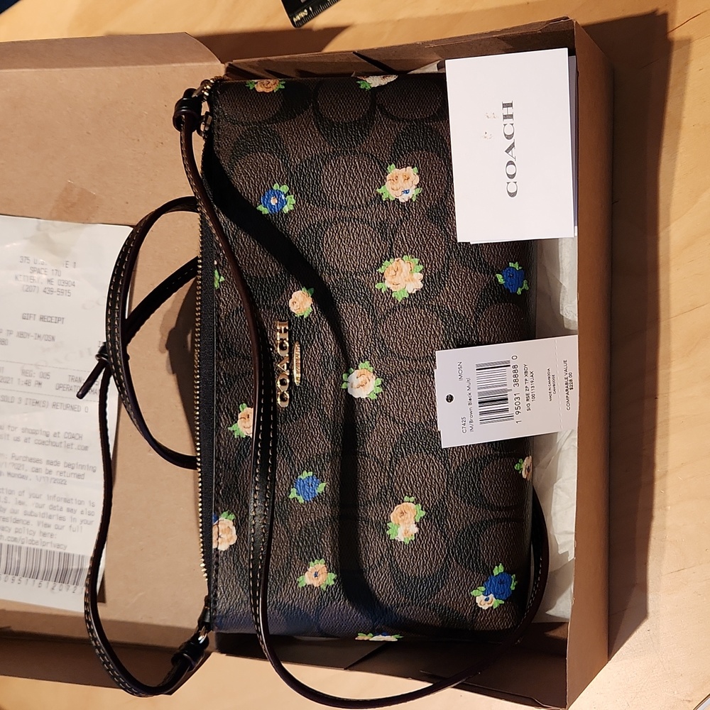 NWT Coach signature cross body brown w rose